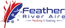 Logo of Feather River Aire, heating and cooling services, featuring a red and blue feather design.