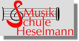 Logo der Musikschule Heselmann mit Notenzeilen und roter Schrift auf grauem Hintergrund.