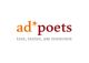 Logo mit der Aufschrift: "ad*poets, text, texter, am texten" in warmen Farben.