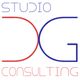 Logo con scritta "Studio DG Consulting" in blu e rosso su sfondo bianco.