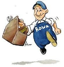 Comic-Handwerker mit Werkzeugkiste und Mütze, springt fröhlich, "Rowa" auf der Latzhose.