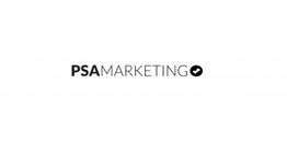 Text "PSA Marketing" in Schwarz mit einem Häkchen-Symbol auf weißem Hintergrund.