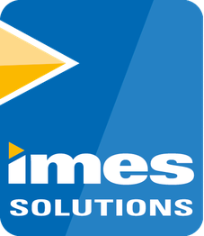 Blaues Logo mit gelben Dreiecken und Text: "imes SOLUTIONS".
