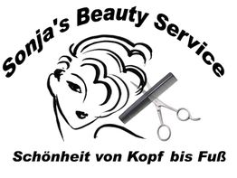 Illustration mit Frauengesicht, Schere, Kamm; Text: "Sonja's Beauty Service - Schönheit von Kopf bis Fuß".