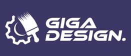Logo mit Pinsel und Zahnrad, daneben der Text "GIGA DESIGN" in weiß auf lila Hintergrund.