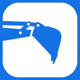 Icona di uno scavatore blu stilizzato su sfondo bianco con cornice blu.