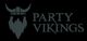 Viking-logo ved siden af teksten "Party Vikings" på sort baggrund.