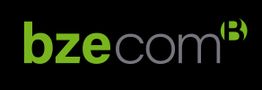 Logo mit grünem und grauem Text "bzecom" auf schwarzem Hintergrund.