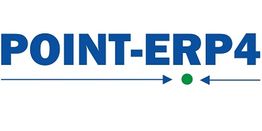 Logo mit blauem Text "POINT-ERP4", grünem Punkt und blauen Pfeilen darunter.
