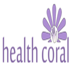 Purple logo with the words "health coral" and a fan-like design above.