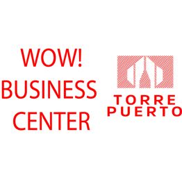 Texto rojo: "WOW! BUSINESS CENTER" y "TORRE PUERTO" con un logotipo abstracto de edificio.