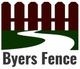 Logo with a brown fence, white path, green lawn, and the text "Byers Fence" below.
