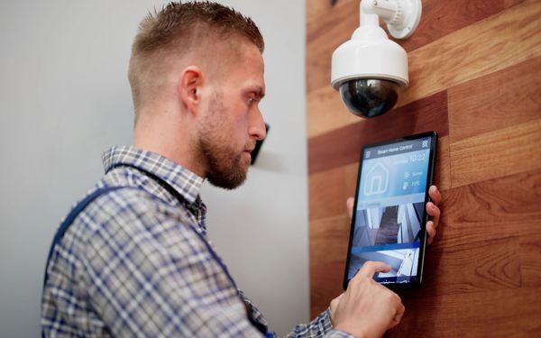 Ein Techniker repariert die Smart Home Technik am Wohngebäude.