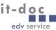 Logo von it-doc edv service mit drei blauen Quadraten.