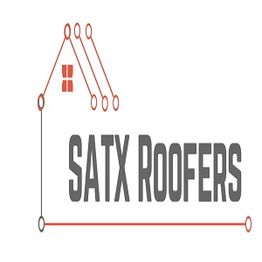 Logo with "SATX Roofers" text and house outline in red.