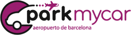 Logo de "park my car" con un coche y un avión en colores negro y morado.