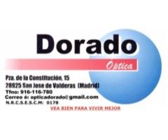 Tarjeta de Óptica Dorado con dirección y contacto en San José de Valderas, Madrid.