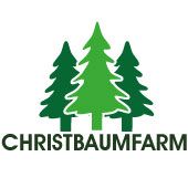 Drei grüne Tannenbäume mit dem Text "CHRISTBAUMFARM" darunter.