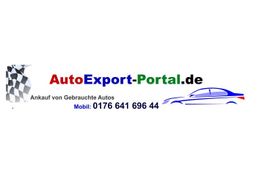 Logo mit Text "AutoExport-Portal.de", Auto-Grafik und Kontaktinfo für Gebrauchtwagen-Ankauf.