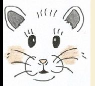 Tekening van een schattig kattengezicht met grote ogen, grijze oren en snorharen.