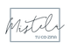 Logo con la palabra "Mistela" y "TU CO-ZINA" en un marco rectangular azul claro.