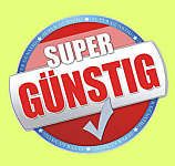 Rundes Logo mit der Aufschrift "Super Günstig" und Häkchen auf gelbem Hintergrund.