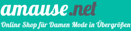 Logo von amause.net, einem Online-Shop für Damenmode in Übergrößen, auf türkisem Hintergrund.