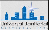 Logo of Universal Janitorial Services, Inc. with blue buildings and a shining star.