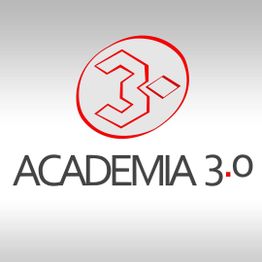 Logo da "Academia 3.0" com símbolo geométrico em vermelho e cinza sobre fundo gradiente.