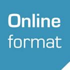 Text "Online format" in Weiß auf blauem Hintergrund.