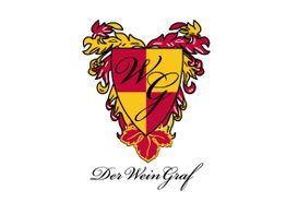 Wappen mit Buchstaben "WG" und dem Text "Der WeinGraf" darunter, rot-gelb verziert.