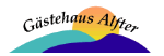 Logo mit "Gästehaus Alfter" und stilisierten Hügeln vor Sonnenuntergang.