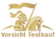 Ritter mit Pferd, goldene Silhouette. Text: "Vorsicht Testkauf".