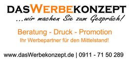 Geschäftslogo mit Slogan "wir machen Sie zum Gespräch" und Kontaktdaten der Werbeagentur.