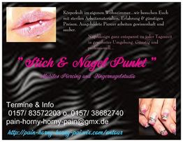 Werbung für mobiles Piercing- und Nagelstudio, mit Kontaktinfos und Bildern von Lippenpiercing und Nägeln.