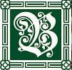 Decorative letter "B" with an ornate design in a framed green background.