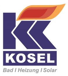 Logo mit "K" und Flammen-Design, Text: "KOSEL Bad I Heizung I Solar" in Blau und Orange.