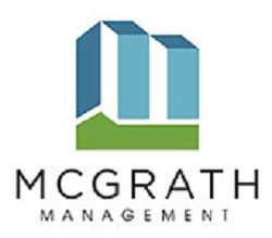 Logo of McGrath Management with blue buildings and green base, text below.