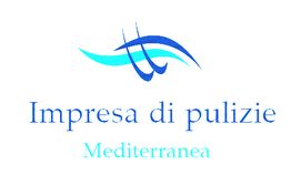 Logo "Impresa di pulizie Mediterranea" con onde blu stilizzate.