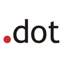 Schwarzes Wort "dot" mit einem roten Punkt davor auf weißem Hintergrund.