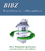 BIBZ-Logo mit einem Modellhaus und grünem Pfeil. Text: „Das Plusenergiehaus – innovativ, kreativ“.