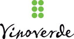 Grünes Logo mit sechs Punkten über dem Schriftzug "Vinoverde" in schwarzer, geschwungener Schrift.