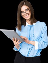 Woman in blue blouse smiling, holding a tablet.