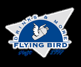 Logo mit Shaker und Flügel, Text: "Drinks & More Flying Bird, seit 1997".