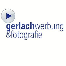 Logo mit blauem Text: "gerlach werbung & fotografie" und Pfeilsymbol links.