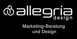 Logo von AllegriadDesign: Marketing-Beratung und Design, weiß auf schwarzem Hintergrund.