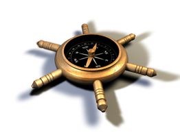 Steuerrad mit Kompass in der Mitte auf weißem Hintergrund.