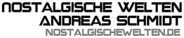 Textlogo: "Nostalgische Welten Andreas Schmidt", Website: nostalgischewelten.de in futuristischer Schrift.