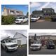 Four images of white pickup trucks parked in front of different houses.