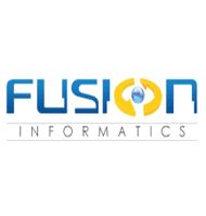 Fusion Informatics logo with blue text and a globe icon.